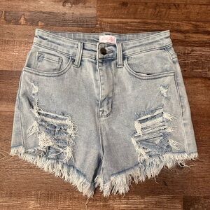 Pink Lily Frayed Hem Light Blue Jean Shorts